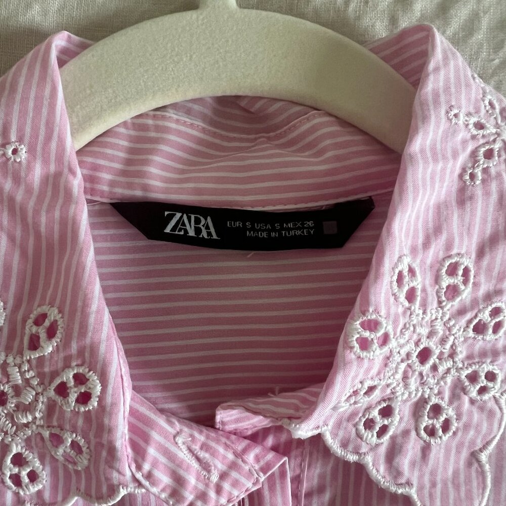 ZARA Pink Striped Eyelet Lace Collar Button-Down Shirt | Size S - Picture 5 of 5